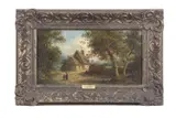 Rural landscape with two figures walking a pathway towards a cottage by John Moore, oil on canvas, sold Nov 2024