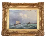 Fishing vessel on a stormy sea by Alfred Priest, oil on canvas, sold Nov 2024