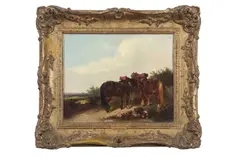 Ponies and a hound rest by water by Thomas Smythe, oil on canvas, sold Nov 2024