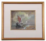 Ship moored on coastal waters by Jack Cox, oil on board, sold Nov 2024