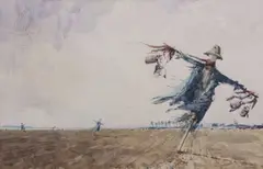Scarecrows by John Sutton, 1973, watercolour, sold Nov 2024