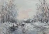 Winter landscape with a figure in a rowing boat before a bridge and by Jack Cox, watercolour and gouache, sold Nov 2024