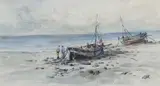 Fishermen with beached fishing boats by Jack Cox, watercolour, sold Nov 2024