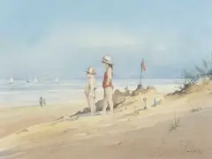 Beach scene with children standing by a sand castle whilst gazing out by Jeremy Barlow, pencil and watercolour, sold Nov 2024