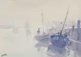 Moored boats in harbour by Jack Cox, watercolour, sold Nov 2024