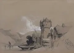 Continental castle and lake by Henry Bright, charcoal, sold Nov 2024