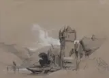 Continental castle and lake by Henry Bright, charcoal, sold Nov 2024