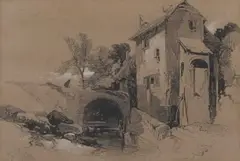 Buildings by a stream by Henry Bright, charcoal, sold Nov 2024