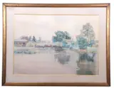 View across a river and bridge by Frank Southgate, watercolour, offered Nov 2024