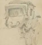 8x9cm by James Stark, Pencil study of a figure stood alongside a carriage, sold Nov 2024