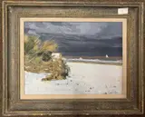 Snow on the beach by Graham Rider, oil on board, sold Nov 2024