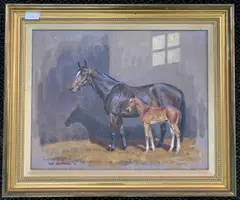 Horse and Foal in stables by Neil Cawthorne, oil on board, sold Nov 2024