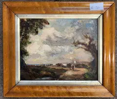 Label on backboard inscribed 'Composition - House and by Meredith Watling, 1940, oil on panel, sold Nov 2024