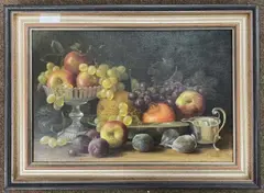 Still life of fruit by Edna Bizon, oil on canvas, sold Nov 2024