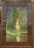 A view down a woodland pathway by Vital Keuller, pastel, sold Nov 2024