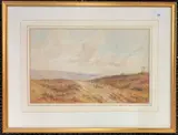 Moorland / pastoral landscape with a shepherd and flock of sheep by Frank Rousse, watercolour, offered Nov 2024