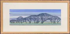 North Norfolk Saltmarsh trees, winter by Nicholas Barnham, linocut and watercolour, sold Nov 2024