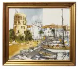 Mediterranean Harbour by Bernard Dufour, ink and oil on canvas, sold Oct 2024
