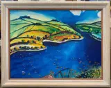 Birds eye view over coastal waters by Martin Laurance, oil on canvas, sold Oct 2024