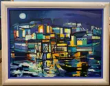 Abstract Harbour / Port by moonlight by Martin Laurance, oil and acrylic on canvas, sold Oct 2024