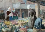 The Marketplace at Bruges, Belgium by Grainger Smith, watercolour, offered Oct 2025