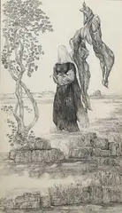 Surrealist depiction of a French legend by Anne Said, charcoal, sold Oct 2025