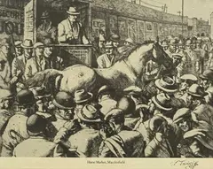 Black and white print - entitled 'Horse Market by Charles Frederick Tunnicliffe, print, sold Jul 2025