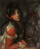 Girl with a Dog by John Cyrlas Williams, oil on canvas, sold Jul 2025
