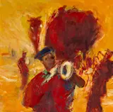 Jazz Against Yellow by Tom Nash, acrylic on card, offered May 2025