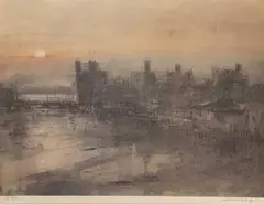 Print - Caernarfon Castle with sunset to background by William Selwyn limited edition, print, sold May 2025