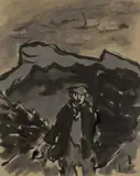 Mountain range beyond by Kyffin Williams, mixed media, offered Apr 2025
