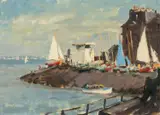 Penarth Motorboat Club 1 by Gyrth Russell, oil on board, sold Apr 2025