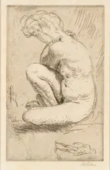 Nude Girl Seated with One Knee Raised by Augustus Edwin John, etching, sold Apr 2025