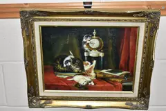 A cat with kittens at play by R. Flint, oil on wood, sold Feb 2023