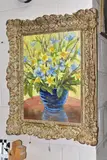 A still life study of daffodils in a blue vase by Annette Taylor, oil, sold Feb 2023