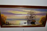 A nostalgic scene depicting a square rigged ship at anchor by Gordon Allen, oil on canvas, sold Feb 2023