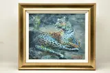 Leopard reclining at dusk by Rolf Harris, print, sold Jan 2023