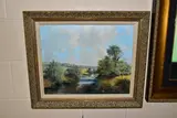A modern english school river landscape by Peter Bradshaw, oil on canvas, sold Jan 2023