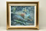 Leopard reclining at dusk by Rolf Harris, print, sold Dec 2022