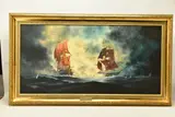 A navel maritime battle scene between square rigged ships by Bill Hadley, oil on canvas, sold Dec 2022