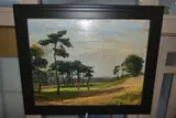'GOLF COURSE, WIMBLEDON COMMON', two figures are by Partick Russell White, oil on board, offered Nov 2022