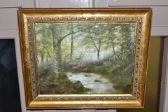 An impressionist style woodland river landscape by Sheila Tiffin, 1984, oil on canvas, offered Nov 2022