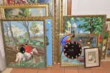 subjects include a coaching scene, a unicorn hunting by Eleven Modern Framed Needlework Pictures Etc, print, sold Nov 2022