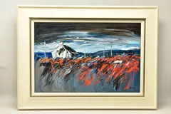HEBRIDEAN RED', a Scottish landscape with stormy sky above a by Lynn Rodgie, oil on canvas, sold Nov 2022