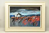 HEBRIDEAN RED', a Scottish landscape with stormy sky above a by Lynn Rodgie, oil on canvas, sold Nov 2022