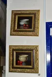 Comprising cherries and a ceramic by Rowland Berger, oil on board, sold Nov 2022