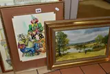 A landscape with scarecrow overlooking a lake by Colin Vokes, oil on canvas, sold Nov 2022
