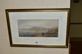 A view across a bay to a village backed by snow topped hills by Percival Hart, watercolour on paper, offered Oct 2022