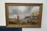 A fishing boat and tender in rough seas off a rocky coastline by H. Moore, 1883, oil on canvas, offered Oct 2022