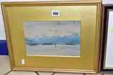 A CONTINENTAL LAKE SCENE, a lone dinghy sails against a by William Alister MaCdonald, 1906, watercolour on paper, sold Aug 2022